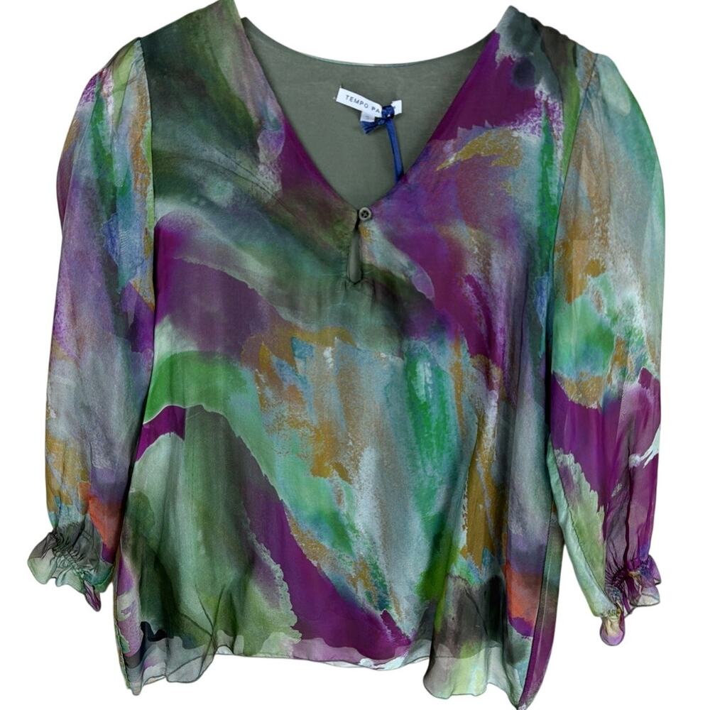 NWT Tempo Paris Watercolor Silk Blend Bishop Sleeve Oversized Top XL